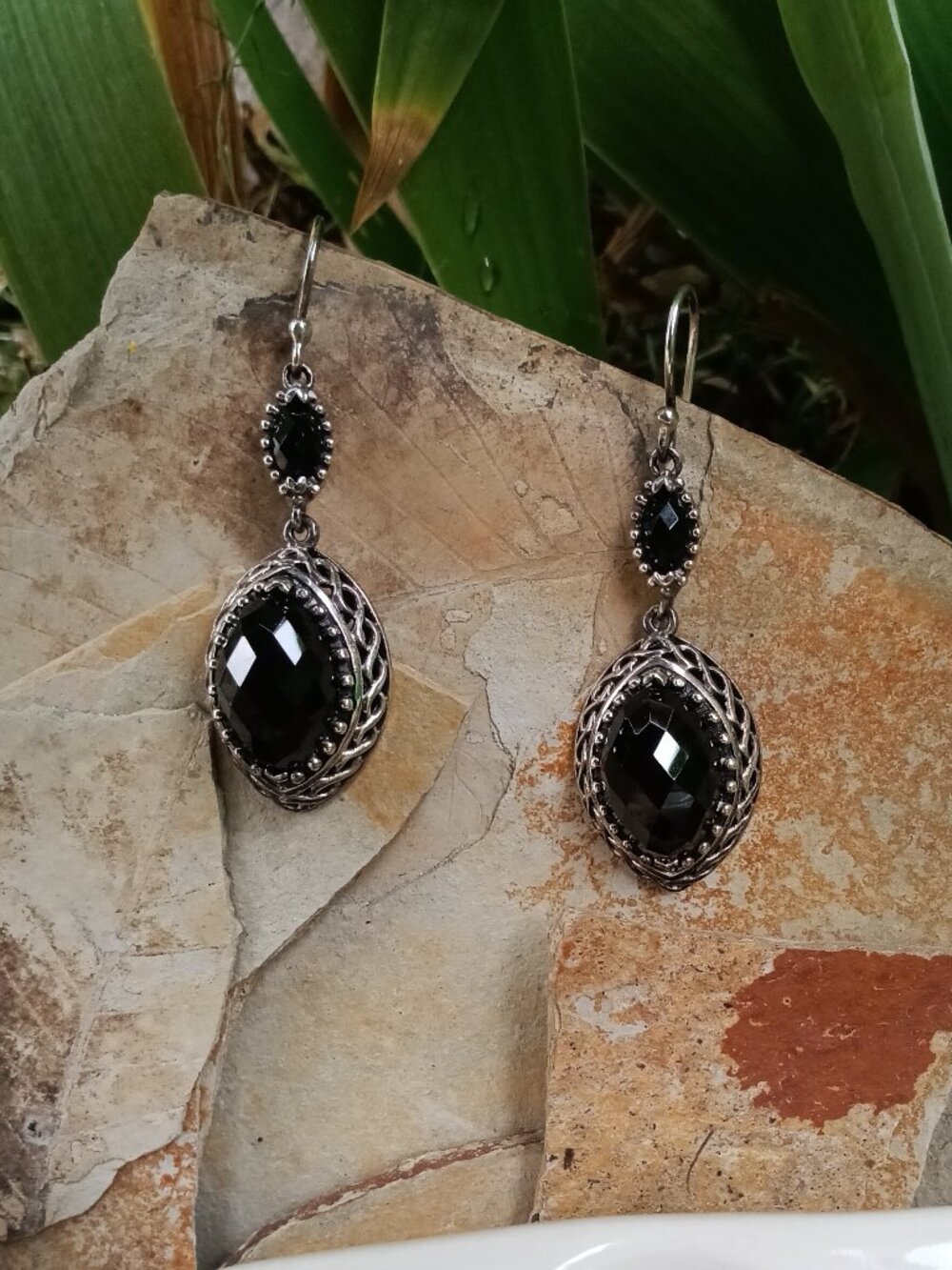 Sterling & Faceted Onyx Drop Earrings